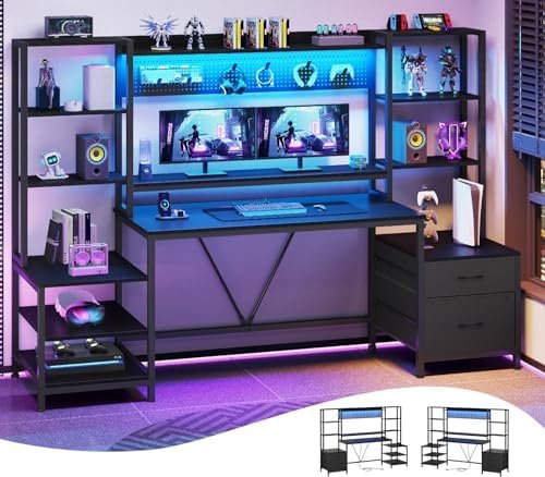 Computer Desk with Power Outlets, 81.9in Home Office Desk with Monitor Stand, Gaming Desk with LED Light, 11 Storage Shelves 2 Drawers Pegboard 6 Hooks Keyboard Pad (Black)