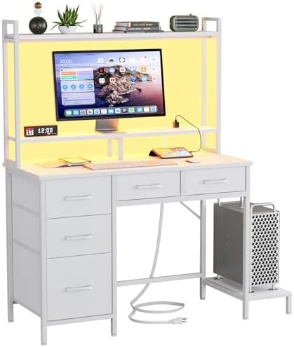 Computer Gaming Desk with Hutch, Home Office Desk with Power Outlets, LED Light, 5 Storage Drawers, 2 Tiers Shelves for Display, 39 Inch Modern Study Writing Table for Bedroom, White