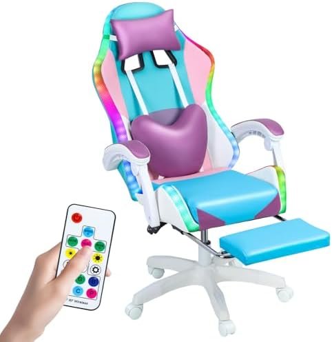 Gaming Chair with RGB LED Lights, Ergonomic Video Game Chair with Massage, Footrest, and Lumbar Support, Adjustable Computer Chair with Headrest, Reclining Gamer Chair for Adults and Office