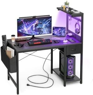 Gaming Desk 47 Inch with Power Outlet and LED Light, Computer Desk with Reversible Shelves and Storage Drawer, Pc Small Desk for Home Office Table with Bag, Carbon Fiber Black