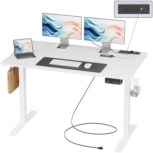 JOISCOPE 55 x 24 Inches Height Adjustable Electric Standing Desk with 3 AC & USB & Type-C Power Outlets, 4 Memory Heights & Child Lock, Gaming Study Sit Stand Desk for Home Office Bedroom, White