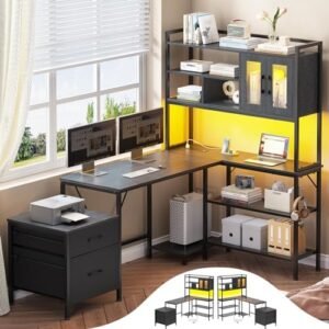 L Shaped Computer Desk, 69.7in Gaming Desk with Hutch, Home Office Desk with Power Outlet, Bookshelf Led Strip File Cabinet Printer Rack (Black, 1 Hutch)