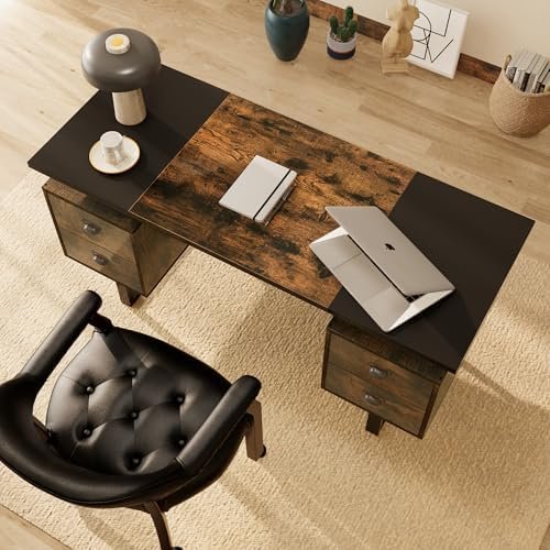 LEEMTORIG Computer Desk with Drawers, 59 inch Large PC Desk Gaming Desk, Modern Industrial Study Student Writing Table Workstation for Home Office Bedroom, Black & Rustic Brown CTSZ-20401-CM