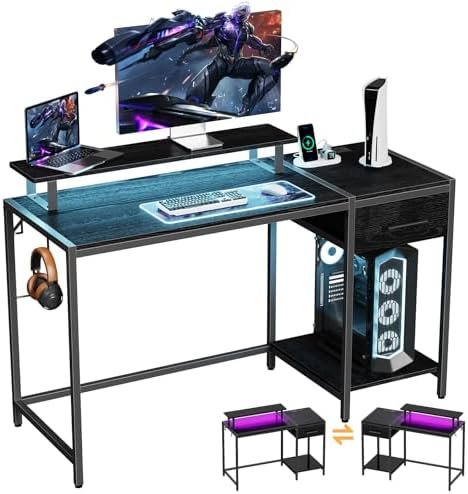 Lkeiyay Gaming Desk with LED Lights & Power Outlet, 47 inch Computer Desk with Drawers,Black Desk with Monitor Stand & Headphone Hook for Home Office