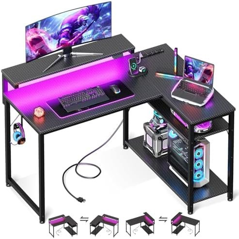 MOTPK L Shaped Gaming Desk with Power Outlet, Reversible Gaming Desk with Height Adjustable Monitor Stand, Gaming Computer Desk 43inch with LED Lights, Home Office Desk, Black