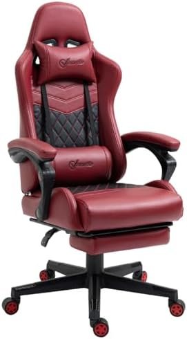 Racing Gaming Chair: High Back, Swivel, Recliner with Adjustable Footrest and Lumbar Support – Diamond PU Leather, Red