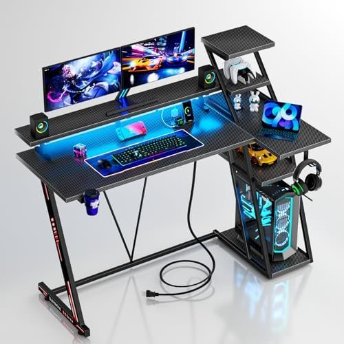 Reversible Corner Gaming Desk with LED Lights & Power Outlet, Computer Desk with Extra Storage Shelves, Small L Shaped Gamer Workstations with Monitor Stand for Bedroom, 39 Inch, Carbon Fiber Black