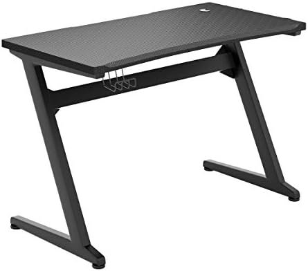 Tangkula Gaming Desk, Z Shaped Ergonomic Gaming Computer Desk, E-Sports Game Desk with Cup & Headphone Holder and Mouse Pad, Gamer Workstation, Carbon Fiber Surface and Z-Shape Steel Frame (Black)