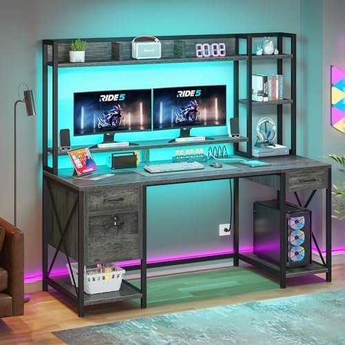 YITAHOME Computer Desk with Drawers & Power Outlets, 59″ Home Office Desk with Hutch, Gaming Desk with LED Lights, Grey