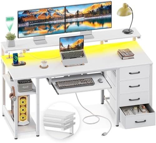 AODK 63 Inch Computer Desk with Power Outlet and LED Light, Office Desk with Fabric Drawer and Keyboard Tray, Gaming Desk with Adjustable PC Shelf and Monitor Stand, Desk for Bedroom with USB, White