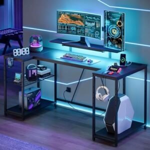 Bestier Gaming Desk with LED Lights & Power Outlets, 63 inch U Shaped Computer Desk with Monitor Stand & Storage Shelves, PC Desk with Cup Holder & Hook for Home Office, Black 3D Carbon Fiber