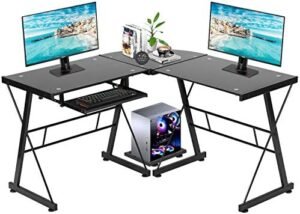 FDW Computer Desk Gaming Desk L Shaped Corner Desk Home Office Writing Workstation Toughened Glass Study Keyboard CPU Stand PC Modern Table for Small Spaces,Black