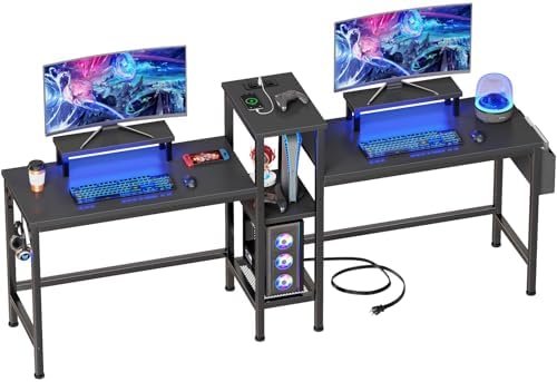 Furologee 2 Person Gaming Desk with LED Lights, 71 Inch Computer Desk with Power Outlets and Monitor Stand, Double Desk with Storage Bag and Headphone Hooks, Study Writing Table for Home Office, Black