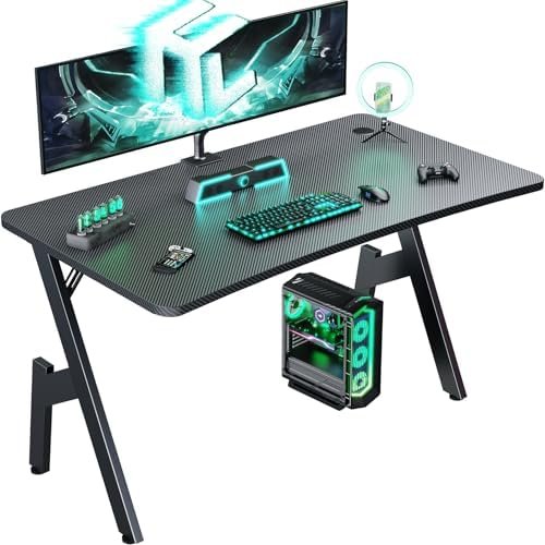 HLDIRECT 40 Inch Gaming Desk with Carbon Fibre Surface- A Shape Large Computer Desk Gaming Table Ergonomic Pc Gaming Workstation Home Office Desks