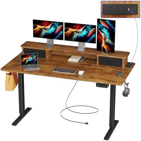 JOISCOPE 55 Inch Electric Standing Adjustable Height Desk with USB & Type-C Outlet, Home Office Computer Gaming Desk with Display Riser and Double Drawer, Sit Stand Desk, Vintage Oak