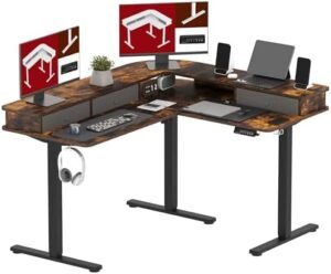 SANODESK 55″ L Shaped Standing Desk with 3 Drawers, Height Adjustable Stand up Desk, Corner Gaming Desk with Monitor Stand, Black Frame/Rustic Brown Top