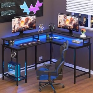 Shintenchi 46″ L Shaped Computer Desk with LED Lights & Monitor Stand, Reversible Gaming Desk with Shelf & Hook, Corner Workstation, Study Computer Table for Home Office, Black