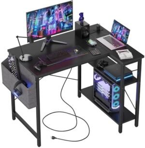 TIQLAB Small Computer Desk with Power Outlets, 40 Inch L Shaped Desk with Reversible Shelves, Gaming Desk Corner Desk Study Writing Table for Home Office Bedroom Living Room, Black