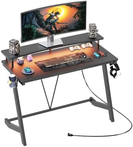 TREETALK Gaming Desk with Power Outlets & Music Strip Lights,Computer Desk with Large Monitor Stand, PC Laptop Table for Small Spaces, Gamer Workstation with Cup Holder, Headphone Hook for Home Office