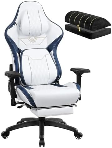 Big and Tall Gaming Chair with Footrest, High Back Ergonomic Office Chair with Comfortable Headrest and Lumbar Support Leather Chair,(White)