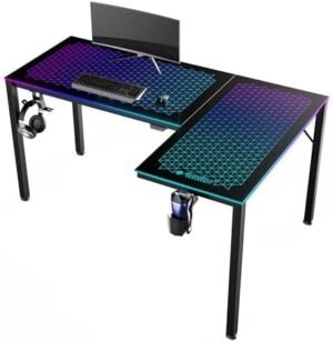 EUREKA ERGONOMIC RGB LED Lights 60 Inch L Shaped Reversible Black Glass Gaming Desk Home Office Computer Table GTG L60