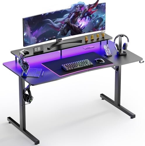 GTRACING 55 Inch Gaming Desk with LED Lights & Power Outlet, Computer Gamer Desk with Monitor Stand, Ergonomic Gaming Table Carbon Fiber Home Office Desk with Mouse Pad & Headphone Hook, Dark Black