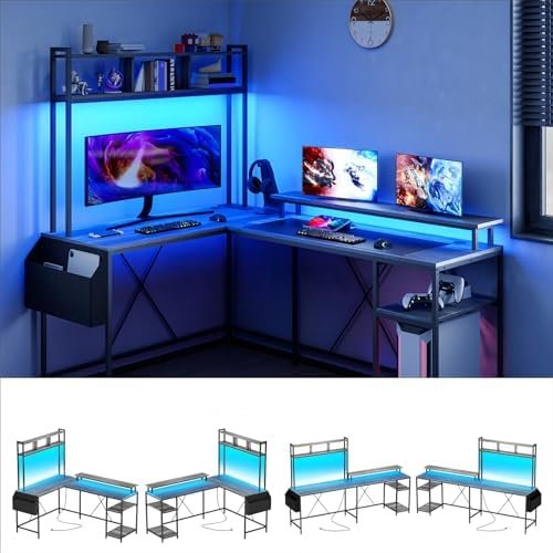 Jojoka L Shaped Computer Gaming Desk with LED Lights & Power Outlets, 67″ Reversible Large L-Shaped Desk with Monitor Stand & Storage Shelves (Oak Black)