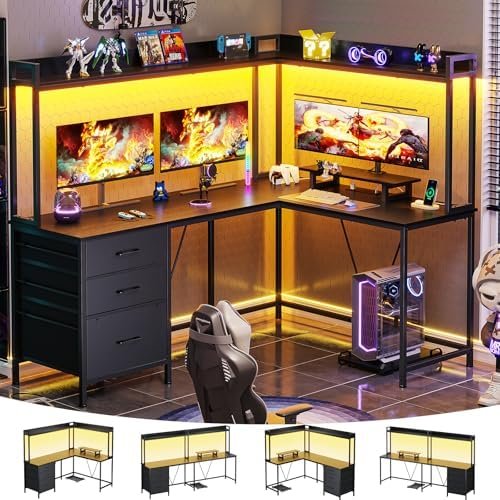 L Shaped Gaming Desk with Shelves, Reversible Computer Desk with Power Outlet & LED Lights, Home Office Desks Writing Desk with 3 Drawers Monitor Stand Storage Hutch