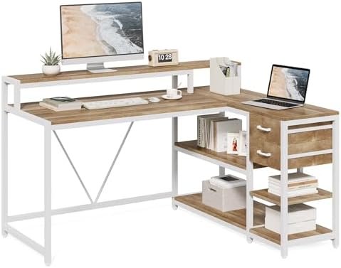 LITTLE TREE 55-Inch L-Shaped Computer Desk, Reversible Computer Desk with Drawers and Storage Shelves, Corner Desk Gaming Desk Work Desk for Home Office, Walnut