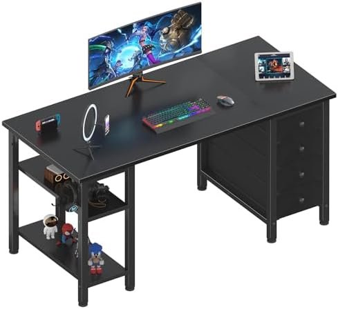 Lufeiya Gaming Desk with 4 Fabric Drawers & Storage Shelves, 47 inch Computer Writing Work Study Desk for Home Office Bedroom, Modern Simple Student PC Desks Table, Black