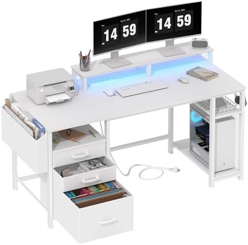 Lufeiya White Computer Desk with File Drawers Cabinet, 55 Inch Home Office Desk with Monitor Stand Shelves, Writing Study Gaming Desks with Led Lights and Power Outlets for Bedroom, White