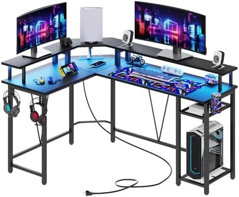 TREETALK L Shaped Gaming Desk with Power Outlet&Music Strip Lights, Corner Desk with 2-Layer Storage, Hooks&Cup Holder, PC Laptop Table with Large Monitor Stand for Office Home