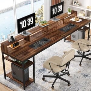 Tribesigns Two Person Desk with Monitor Stand, 78.74″ Long Double Computer Office Desk with Storage Shelves, Large Gaming Study Writing Table Workstation for Home Office (Rustic Brown)