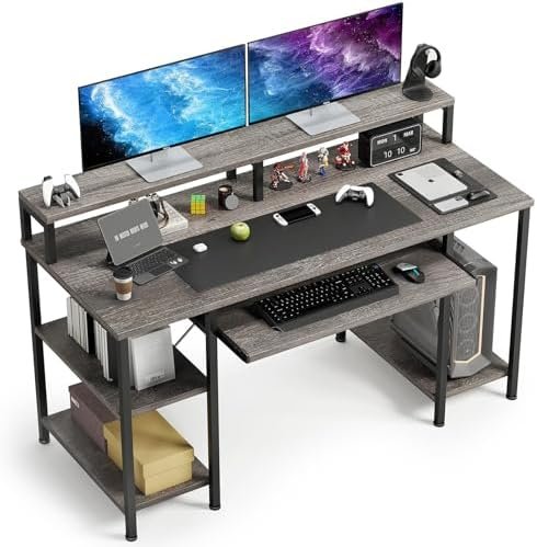 VERMESS Computer Desk- 48 Inch Home Office Desk with Keyboard Tray, 47″ Gaming Desk with Full Monitor Stand & Storage Shelves & CPU Stand, Modern Study Writing Table with Shelf for Storage, Gray Oak